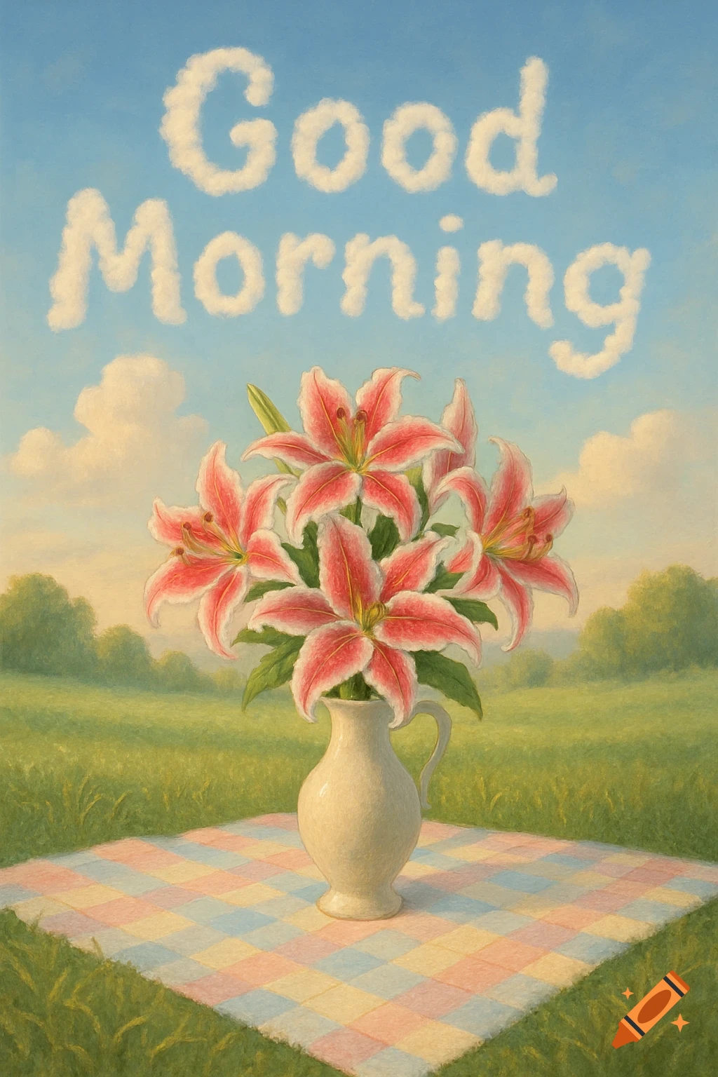 Vase of pink lilies on a picnic blanket in a field under a sky with 'Good Morning' spelled in clouds.