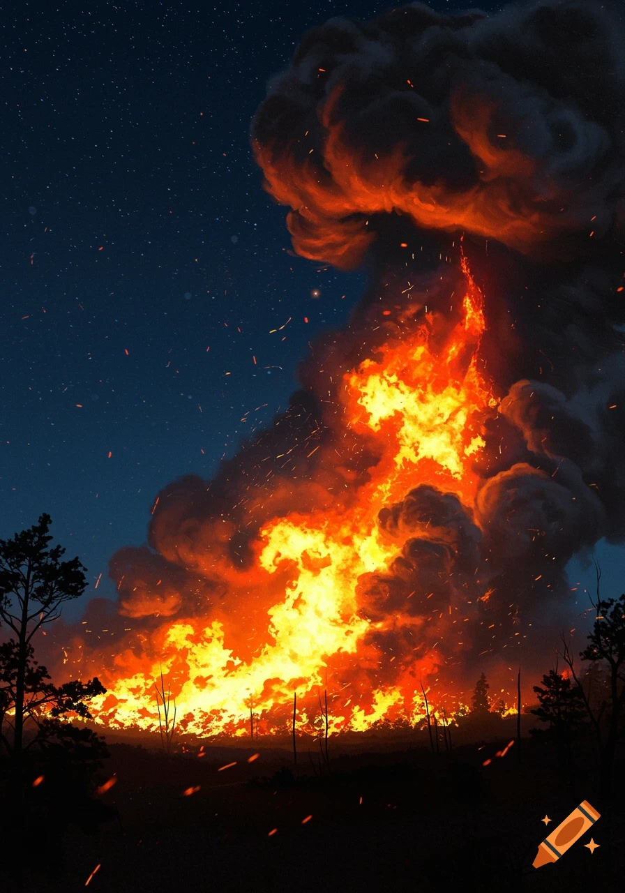 A massive wildfire burns intensely at night under a starry sky, with dark smoke billowing upwards.