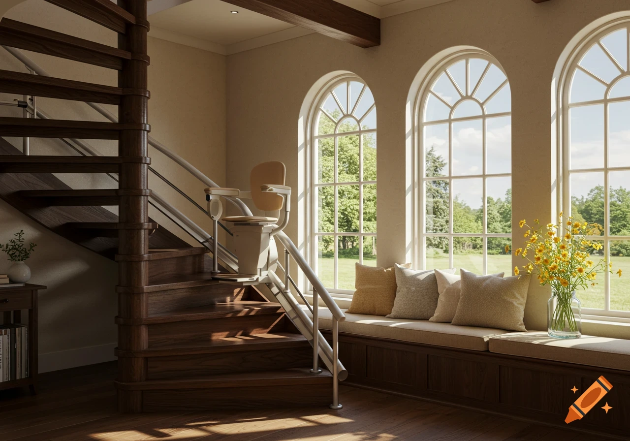 A modern home interior with a wooden spiral staircase and an installed stairlift, bathed in sunlight from large arched windows overlooking a green landscape.