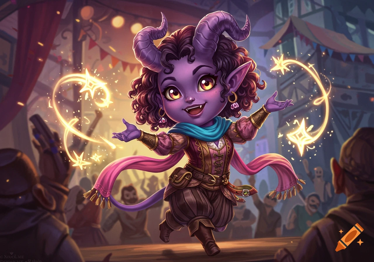 A cute, mischievous purple-skinned Tiefling in theatrical clothes, surrounded by magic sparks on a festival stage. Painterly fantasy art.