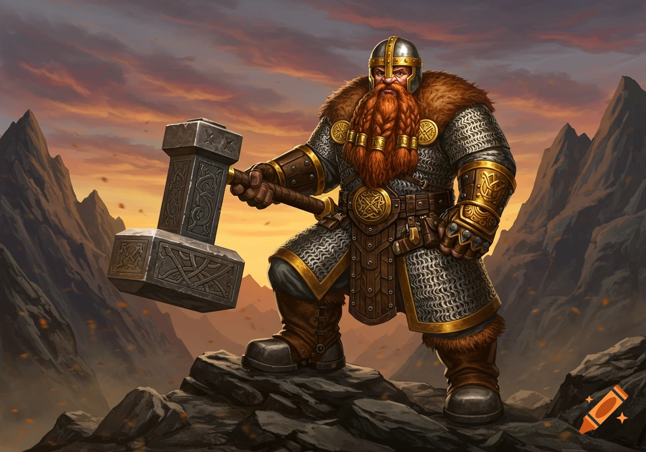 A fantasy dwarf warrior with a braided red beard and chainmail stands on rocks, holding a large warhammer against a mountain sunset.
