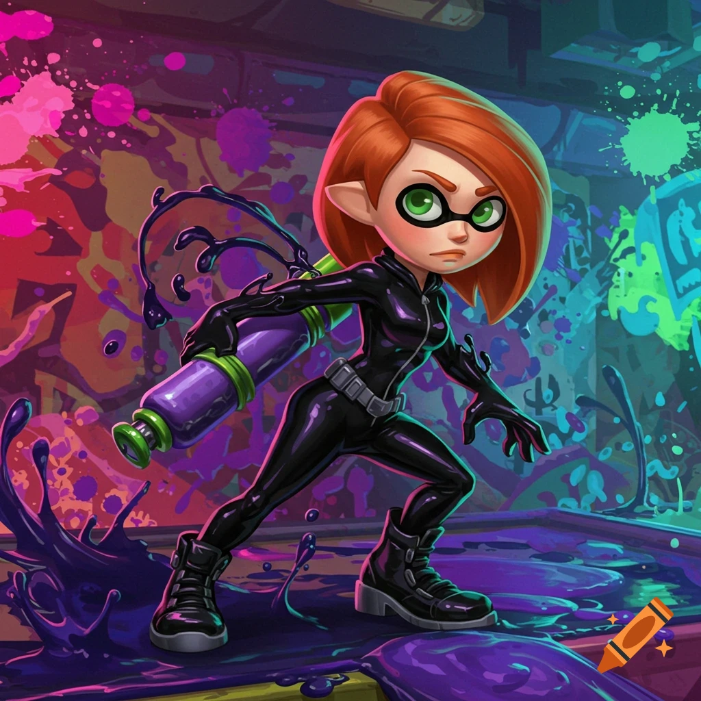 A cartoon character resembling Kim Possible in a black suit with a purple ink weapon, surrounded by colorful ink splatters in a Splatoon-like style.