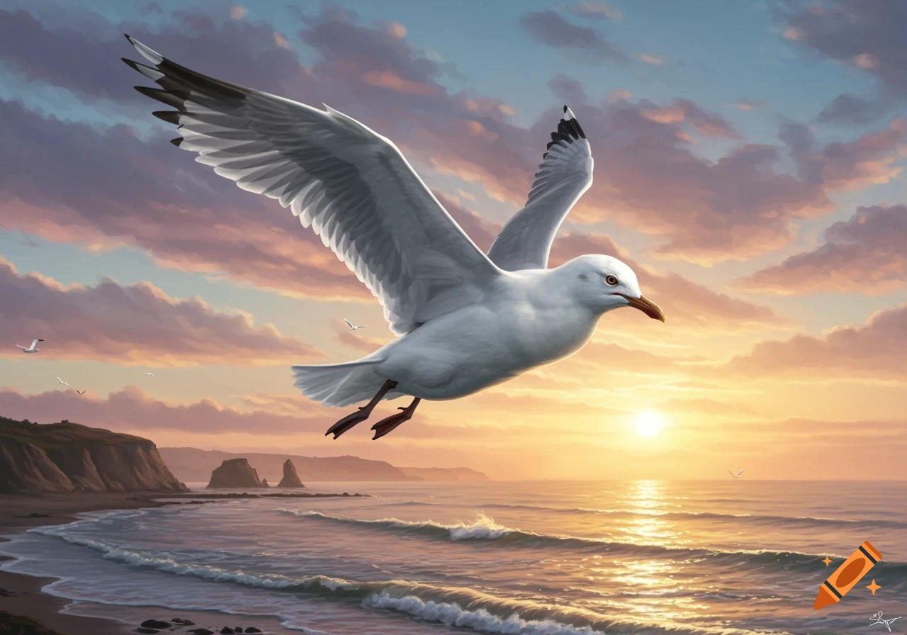 A white seagull with outstretched wings flies over a tranquil ocean and beach at sunset with a vibrant sky.
