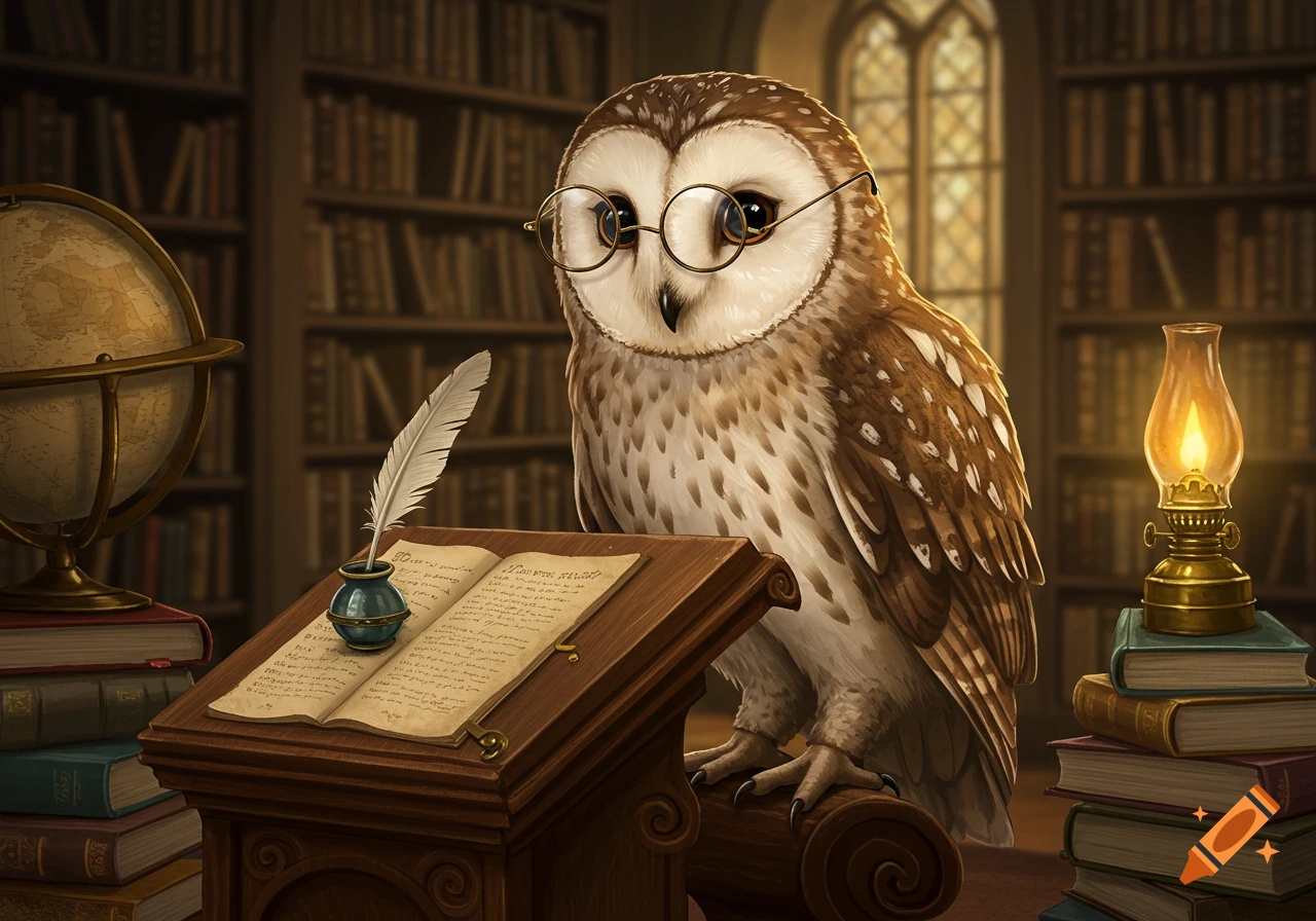 A wise barn owl wearing round spectacles sits on a wooden lectern in a library, an open book, quill, and inkwell before it.