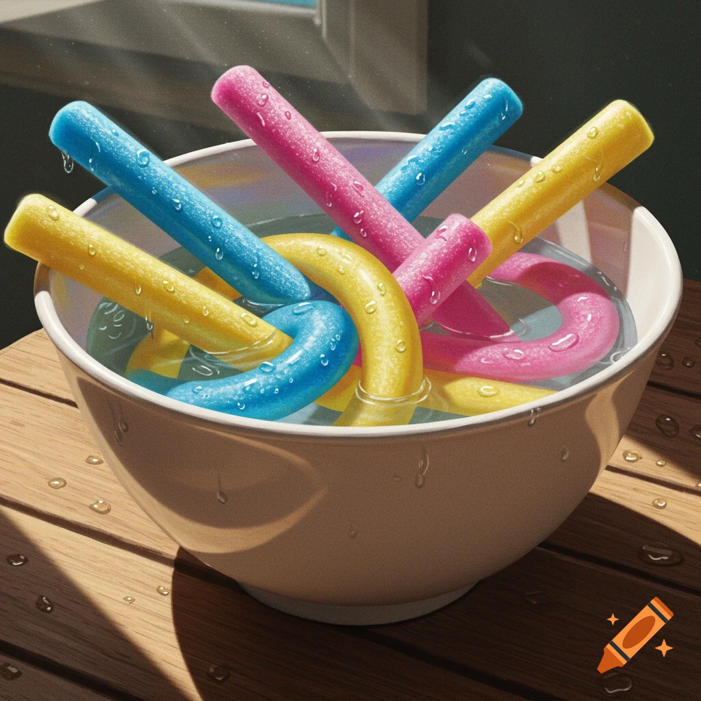 Colorful pool noodles in a white bowl of water on a wooden table with water droplets.