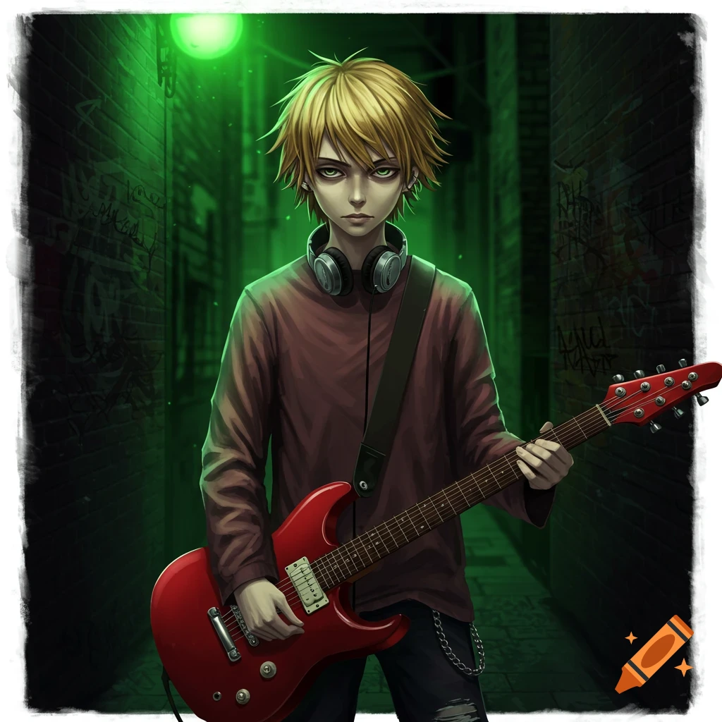 An anime-style teenage boy with blond spiky hair, headphones, and a red electric guitar stands in a dark, green-lit alley.