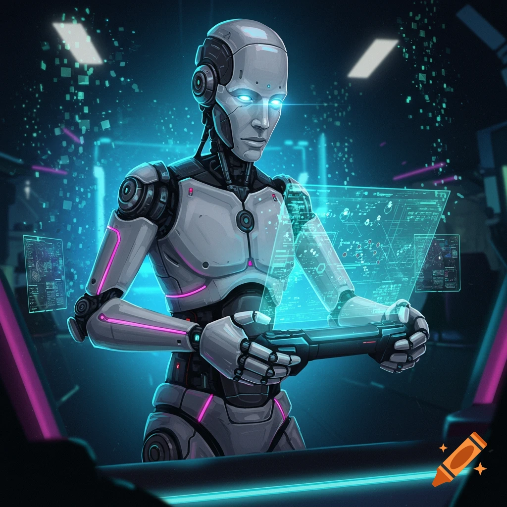 A futuristic robot with glowing eyes operating a holographic interface and a controller in a dark, tech-filled room.