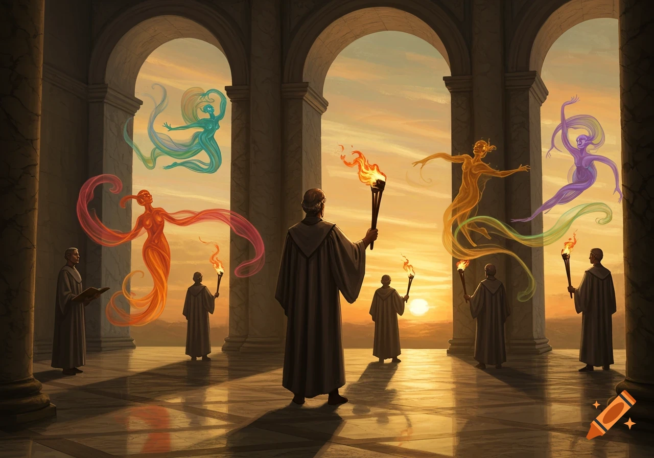 Robed figures with torches in an arched hall observe colorful ethereal spirits against a sunset sky.