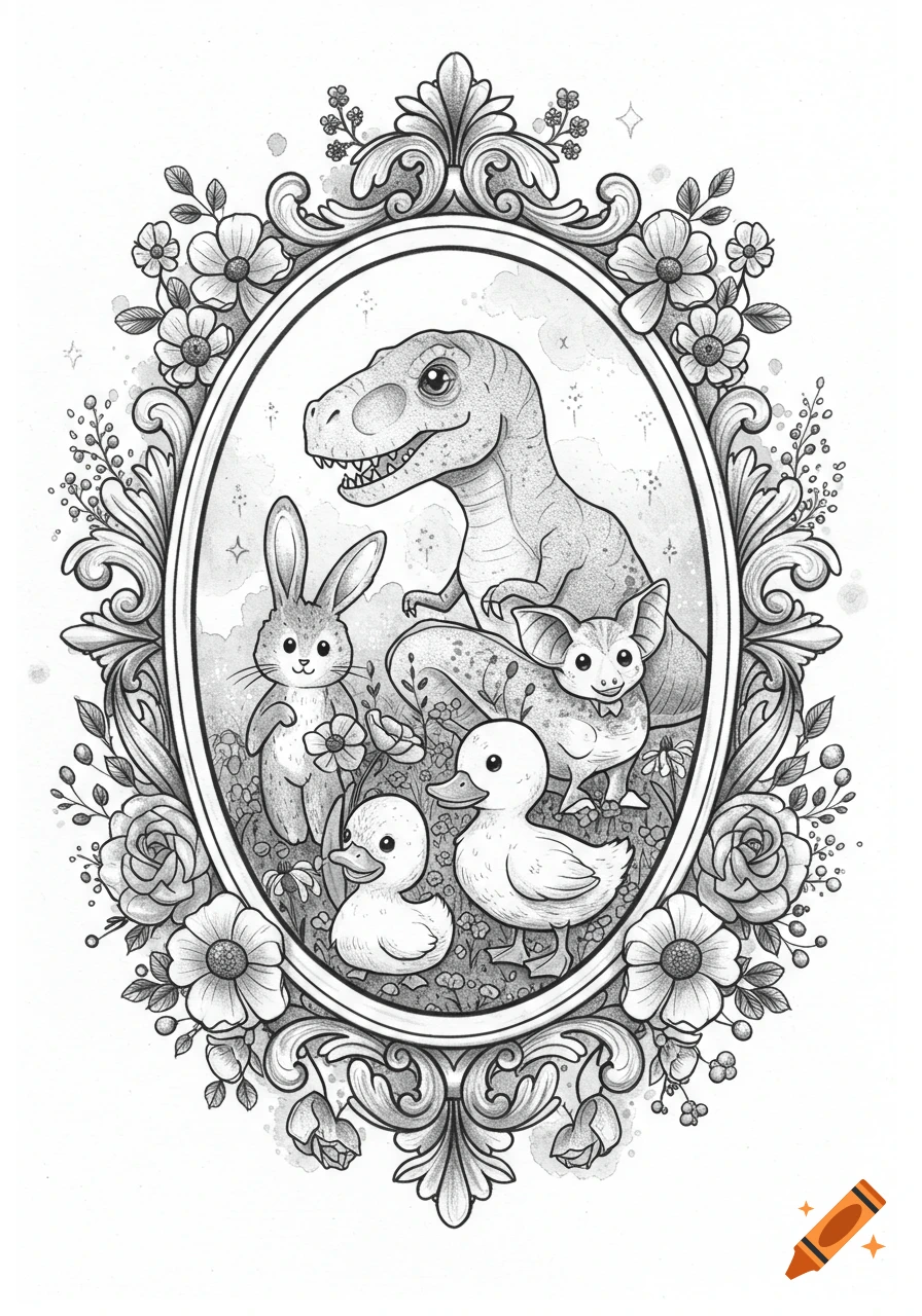 A black and white illustration of a cute T-Rex, bunny, bat, and two ducklings framed by an ornate oval floral border.