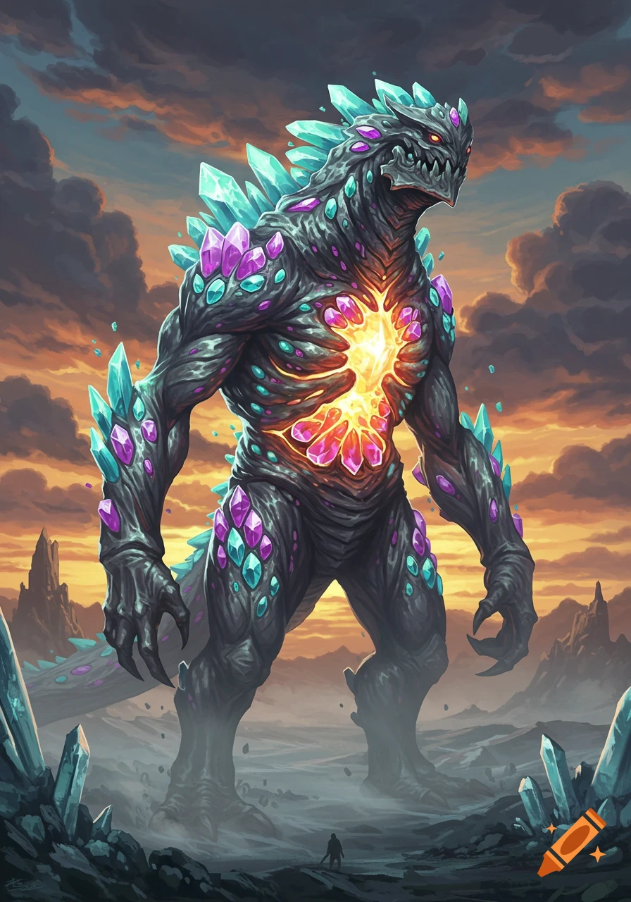 Large crystal monster with a glowing chest stands in a rocky landscape under an orange sky, digital art.