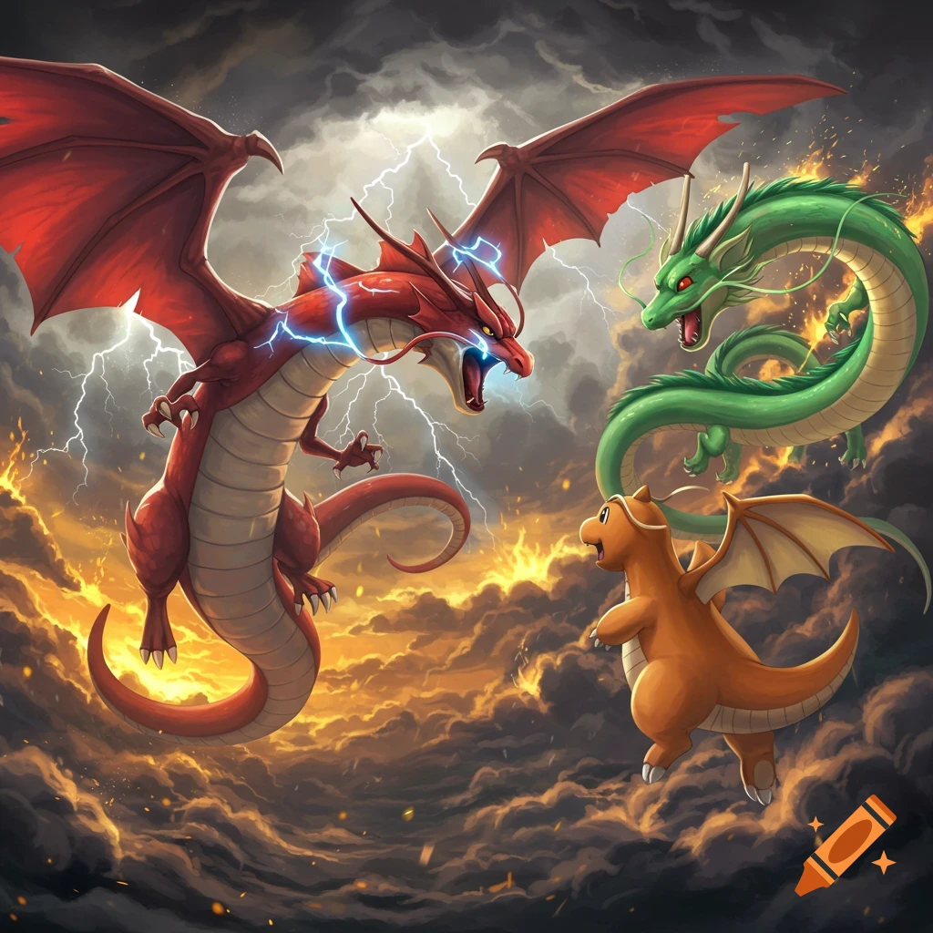 Slifer the Sky Dragon, Shenron, and Dragonite battle amidst lightning and fiery clouds in a fantasy scene.
