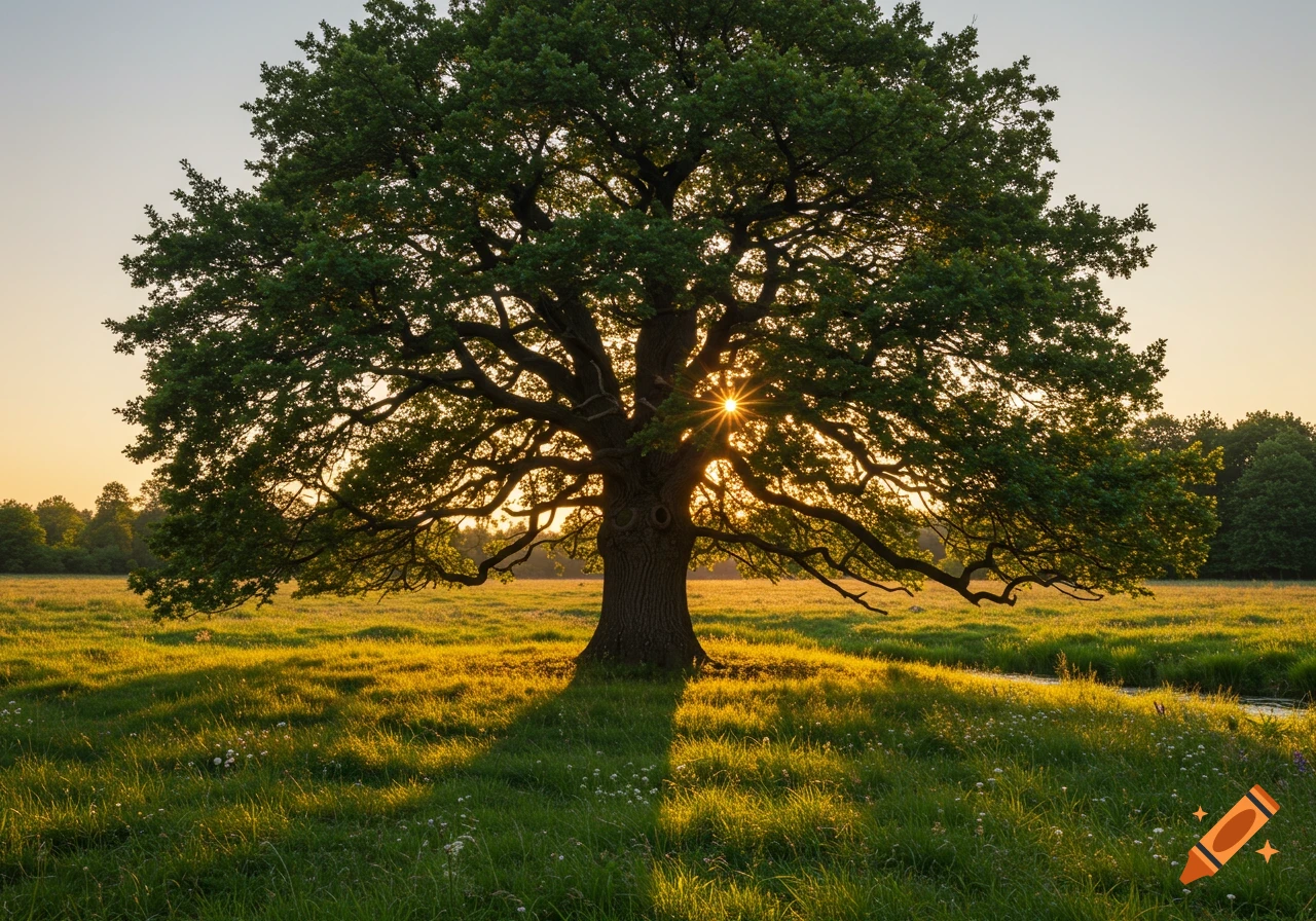A large oak tree stands majestically in a sun-drenched grassy field at sunset, with golden light bursting through its branches.