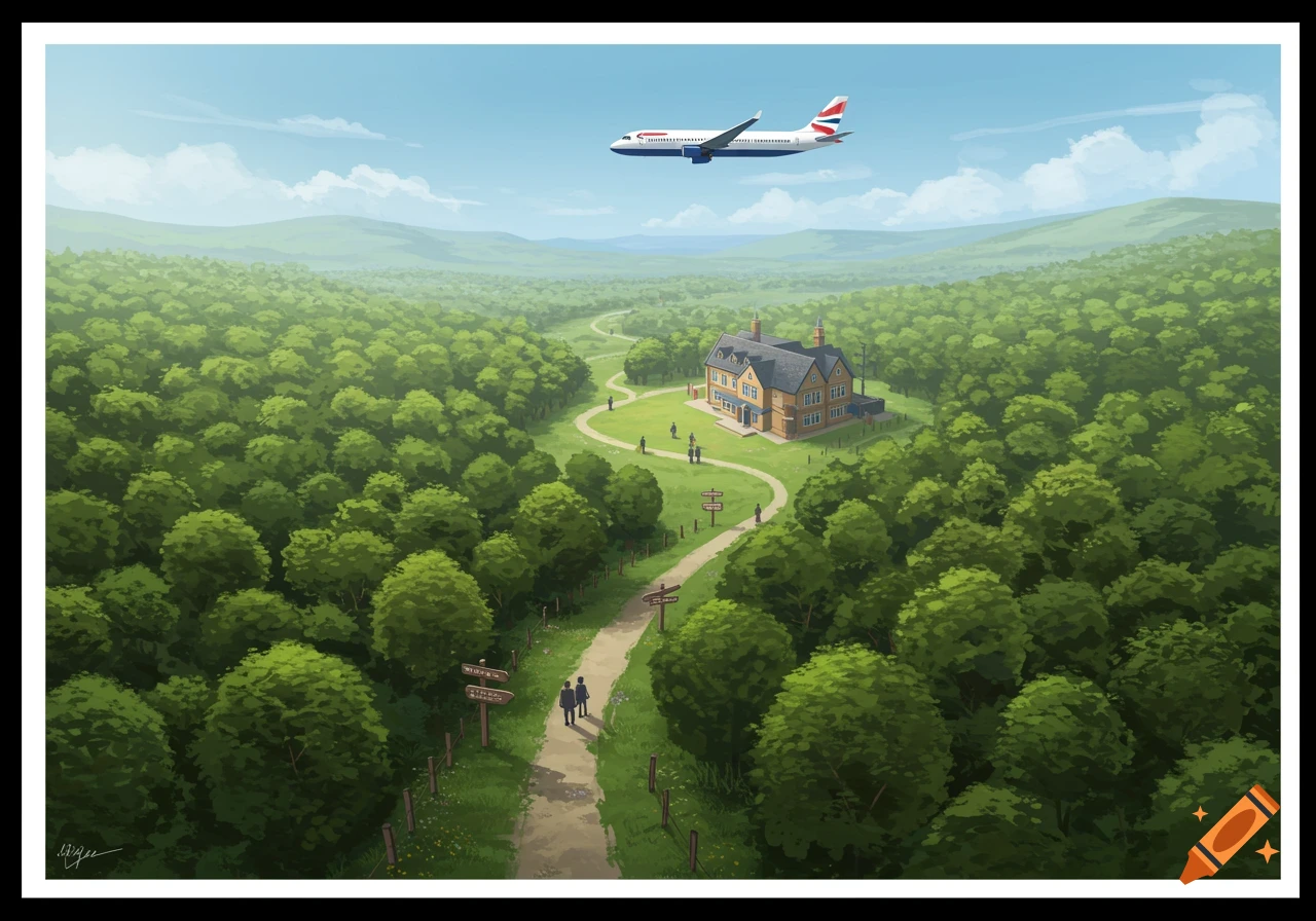 Bird's eye view illustration of a winding path through a green forest leading to a house, with a British Airways plane flying overhead.