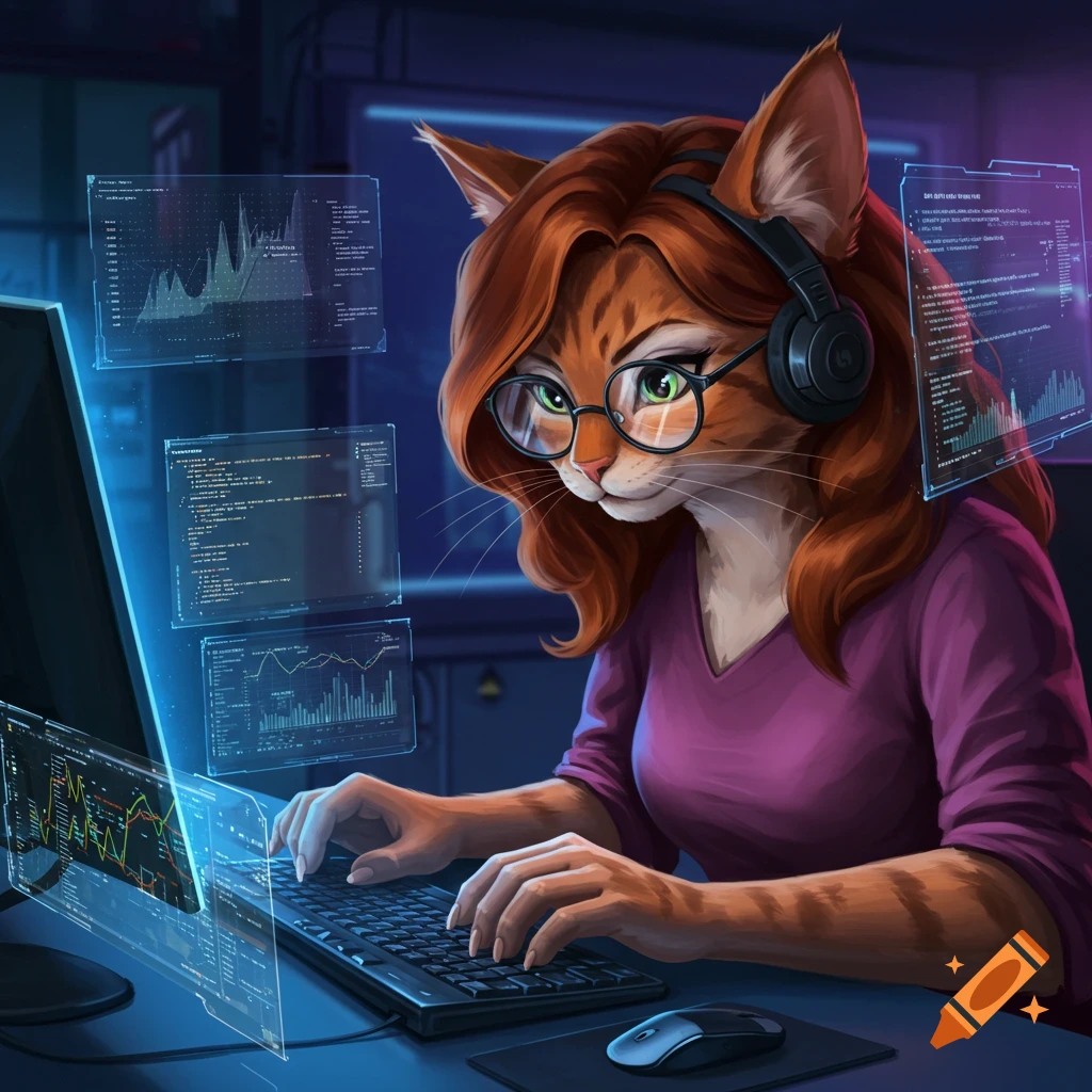 A cat-girl with red hair and headphones codes on a computer with multiple holographic screens displaying data and graphs.