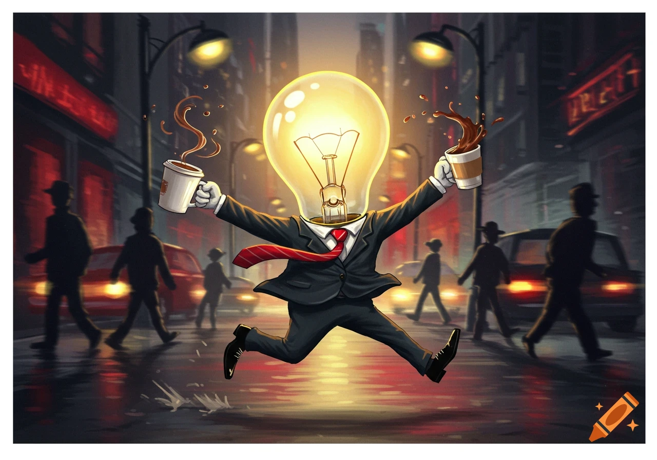 A light bulb-headed man in a suit runs excitedly through a dark city street, holding two spilling coffee cups.