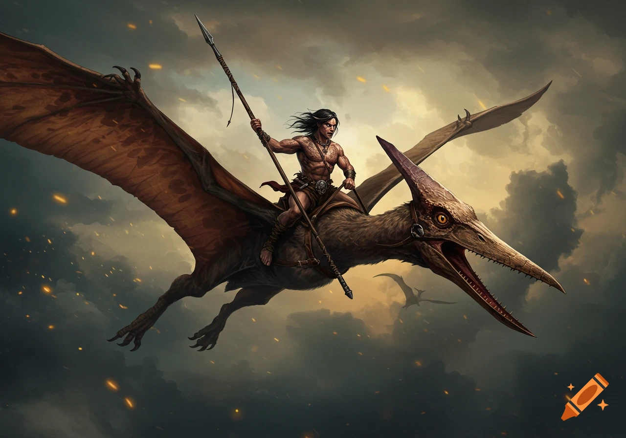 A muscular barbarian warrior wielding a spear rides a large pterosaur through a stormy sky, in a painterly style.