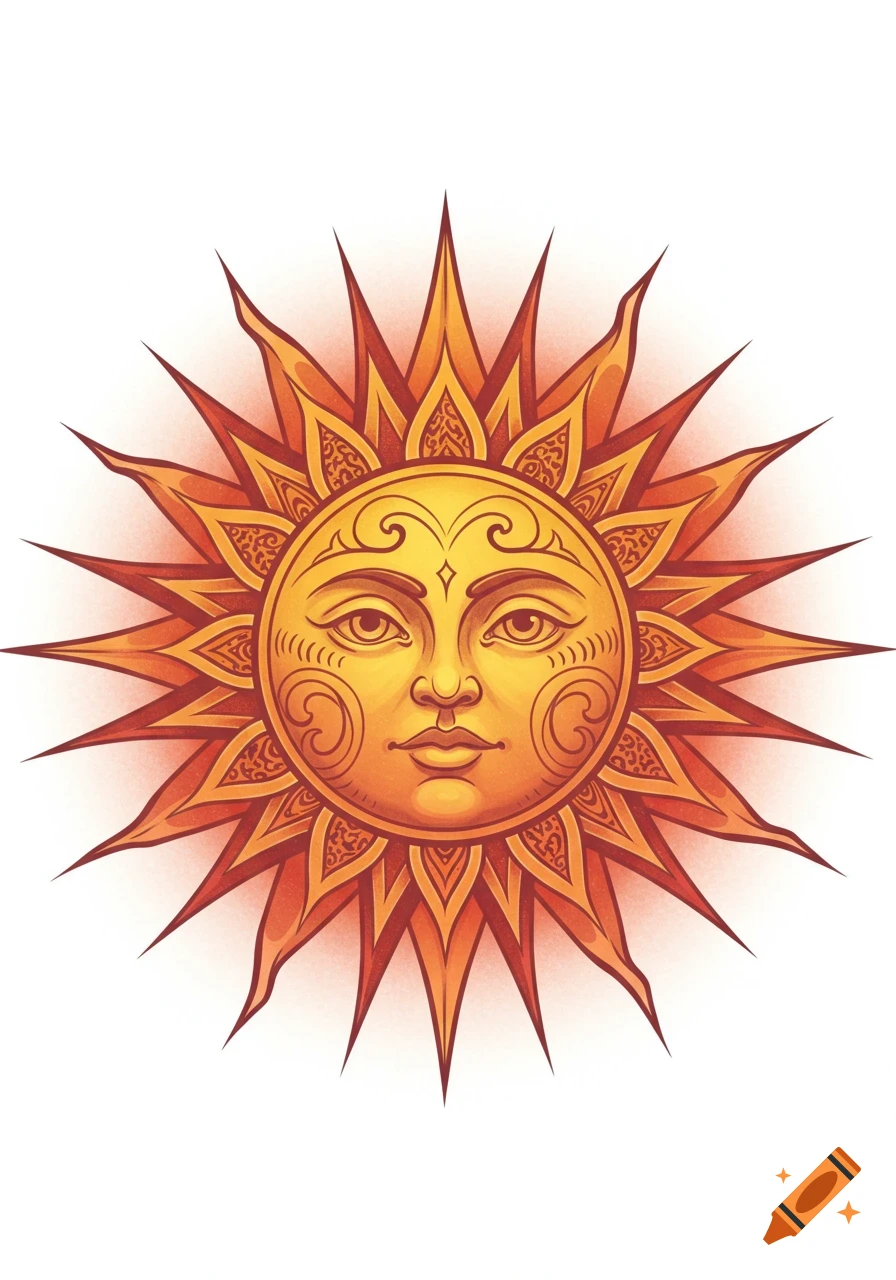 A stylized sun with a serene human-like face, radiating golden and orange rays, depicted in an illustrative tattoo design style.