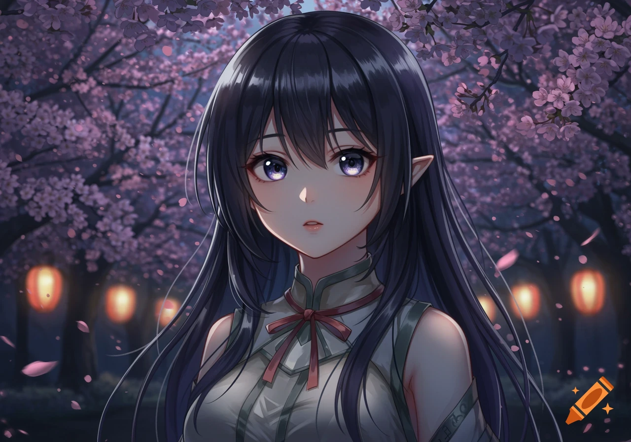 Anime girl with dark hair and elf ears stands under purple cherry blossom trees at night, with glowing lanterns in the background.