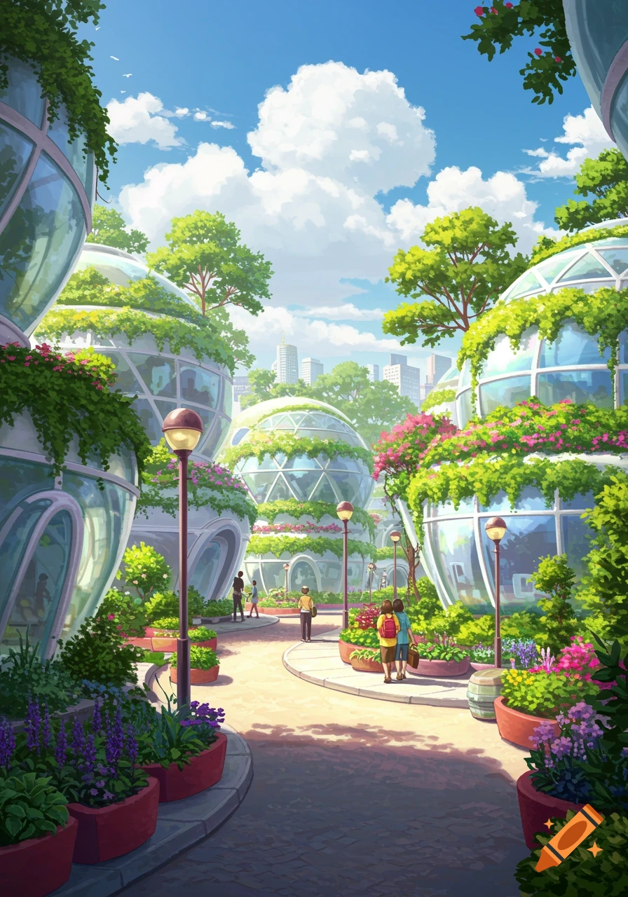 A vibrant, futuristic city with spherical, glass-domed buildings covered in lush green plants and colorful flowers, with people walking on paths under a blue sky.