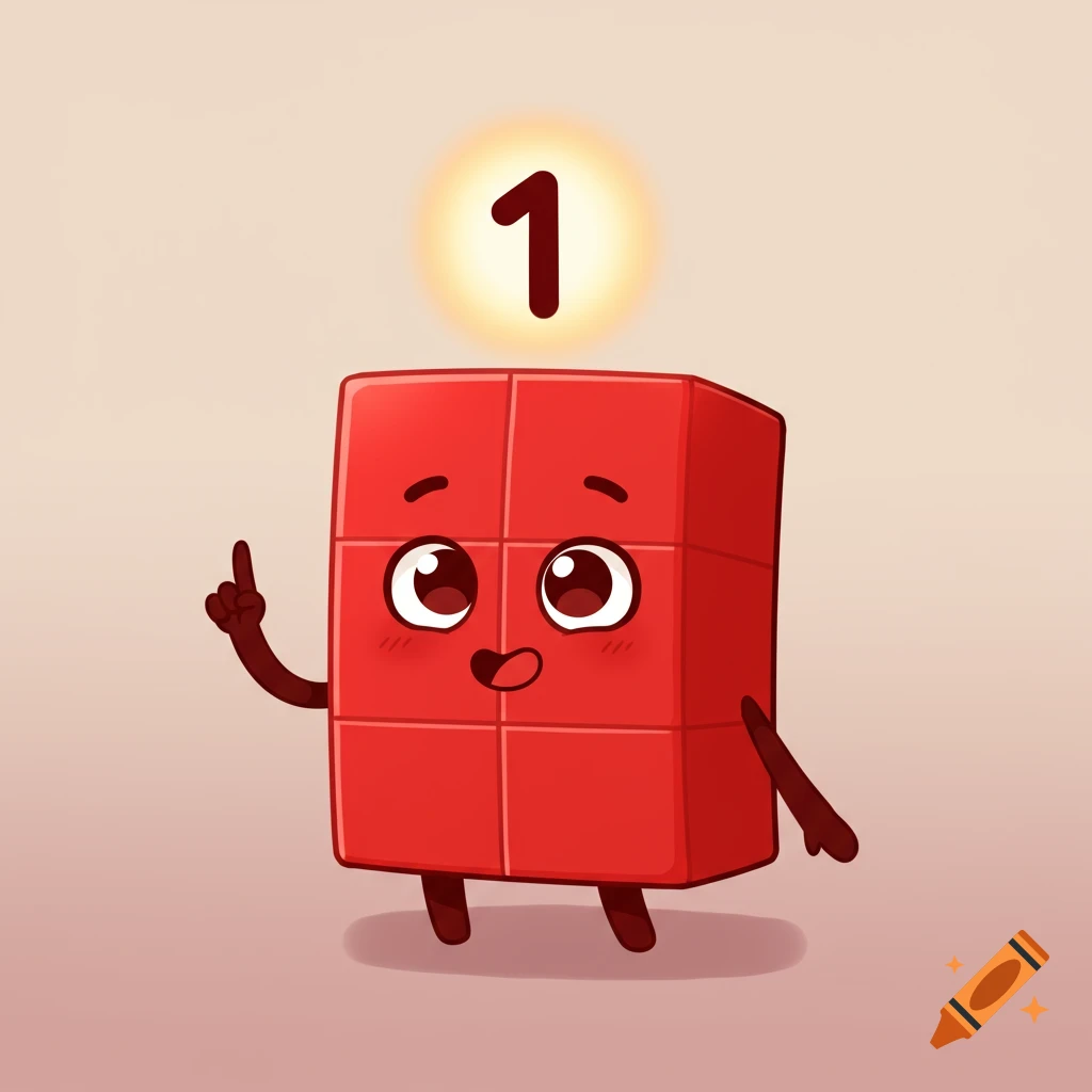 Cartoon illustration of a red block character with a happy face, pointing a finger up, with the numeral 1 floating above its head.