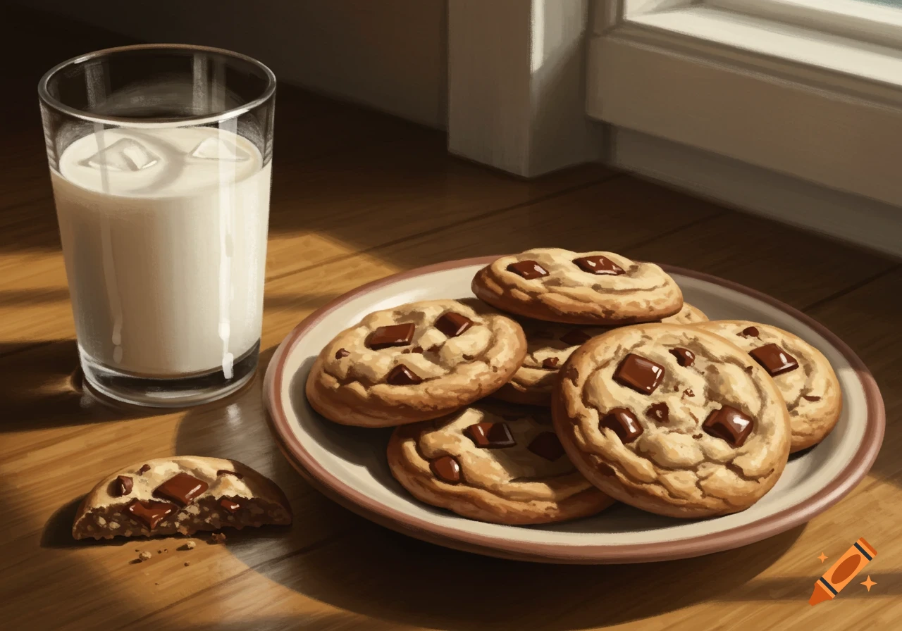 A glass of milk sits beside a plate piled with chocolate chip cookies on a wooden table, with one broken cookie in the foreground.