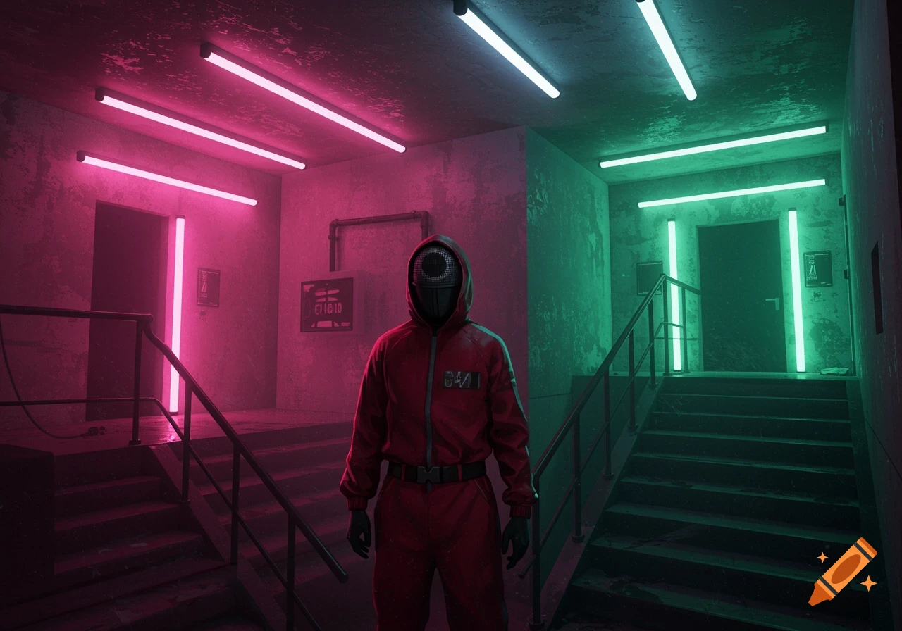 A figure in a red suit and mask with a circle visor stands in a concrete stairwell illuminated by pink and green neon lights.