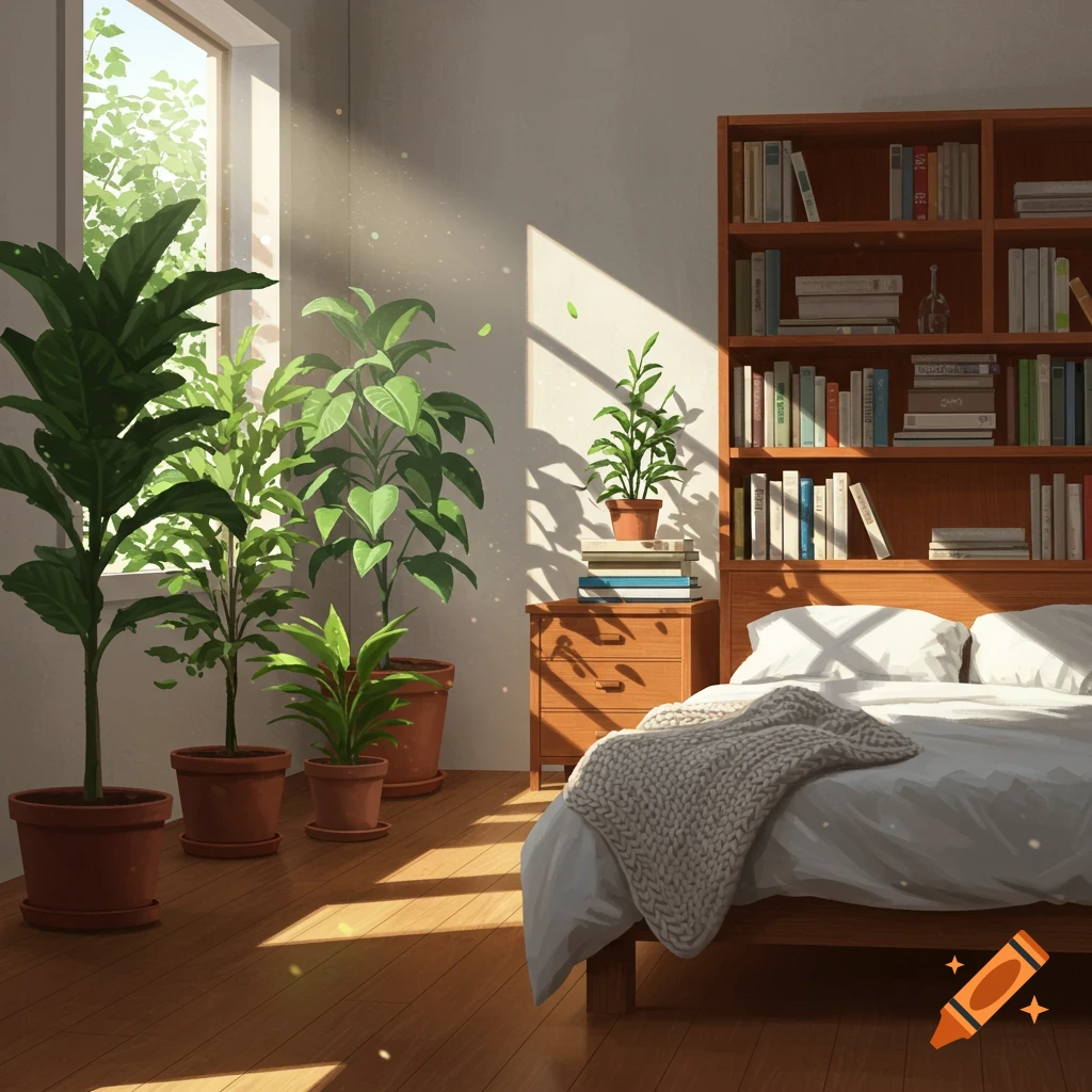 A sunlit bedroom with several potted plants, a wooden bed with white bedding, and a large bookshelf filled with books.