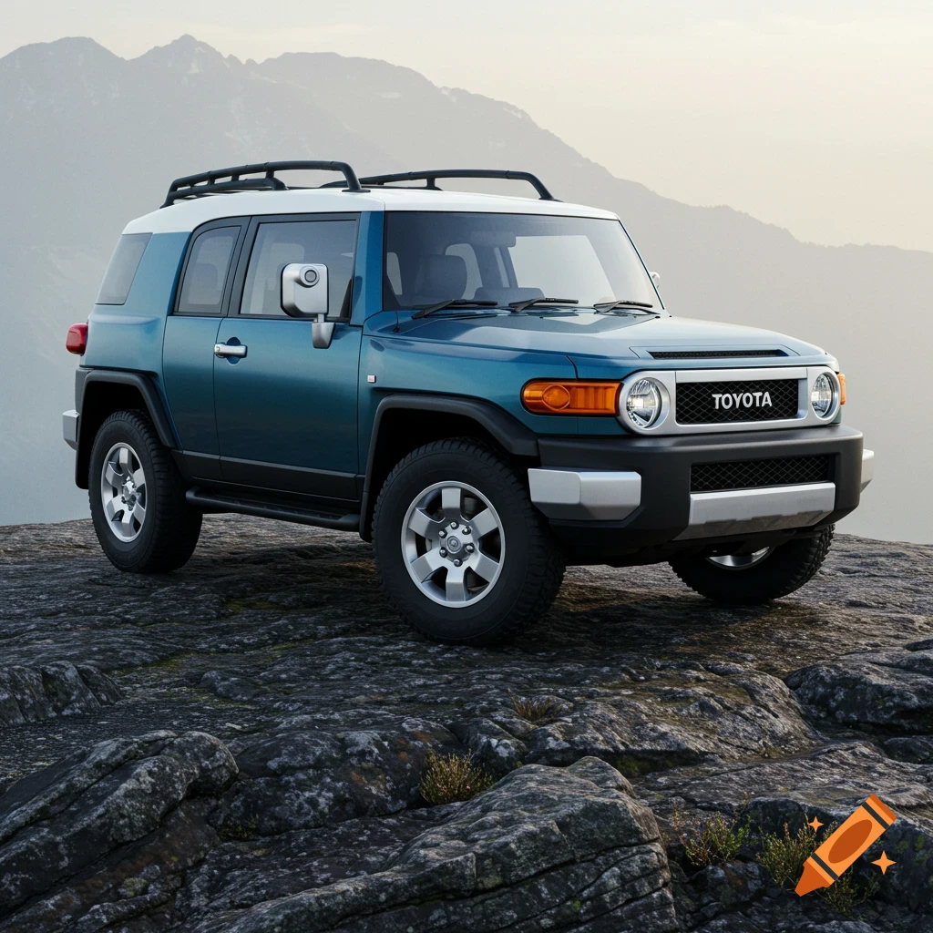 A teal and white Toyota FJ Cruiser SUV parked on a rocky mountain terrain with misty mountains in the background.