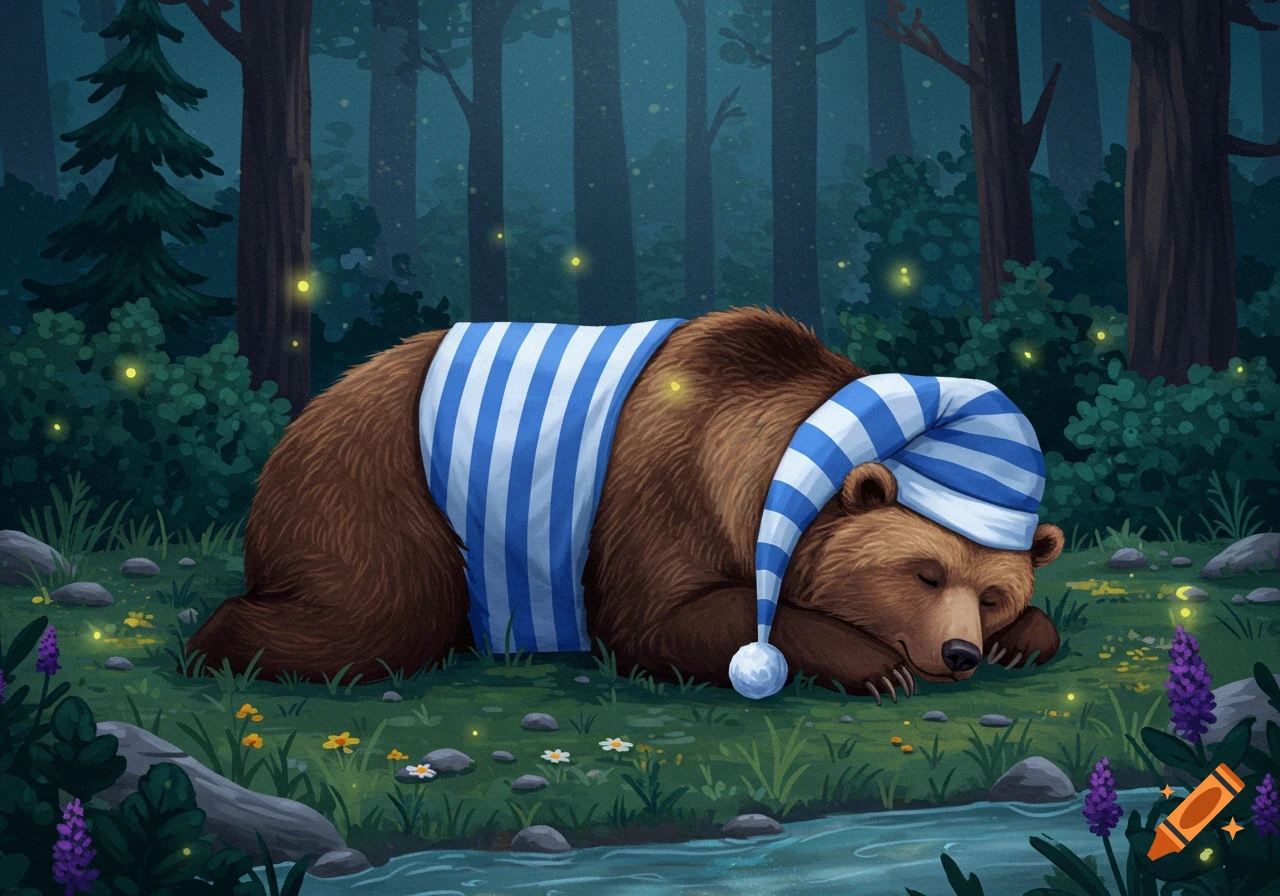 A brown bear sleeps soundly under a blue and white striped blanket and nightcap in a dark, firefly-lit forest beside a stream.