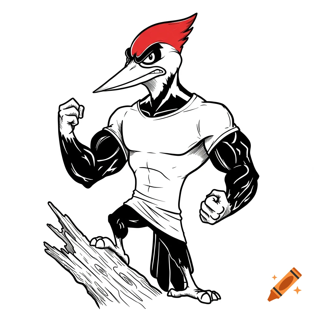 A muscular cartoon woodpecker with a red crest and angry expression, wearing a white t-shirt, stands flexing on a tree branch in a vector style.