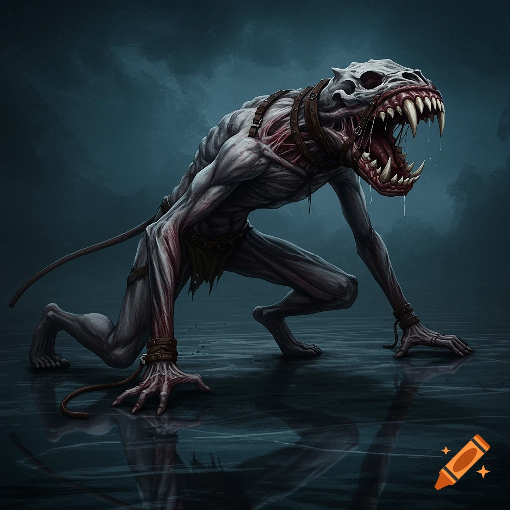 A grotesque, emaciated creature with a skull-like head, sharp teeth, and exposed flesh, crawls on all fours on a wet surface.