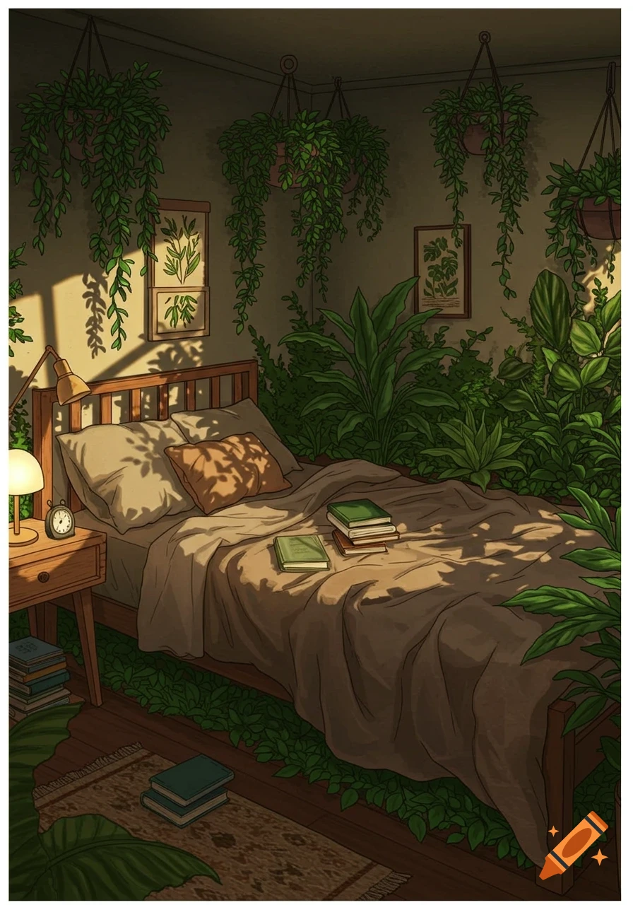 A cozy digital illustration of a bedroom filled with various plants, a bed with books, and sunlight streaming through a window.