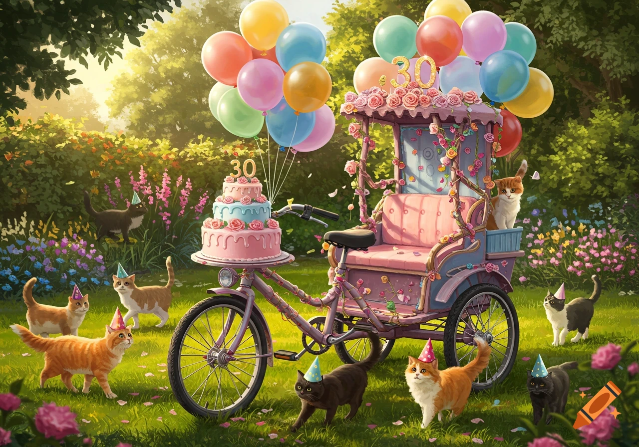 A birthday scene with a tricycle, cake, balloons, and many cats wearing party hats in a sunny garden.