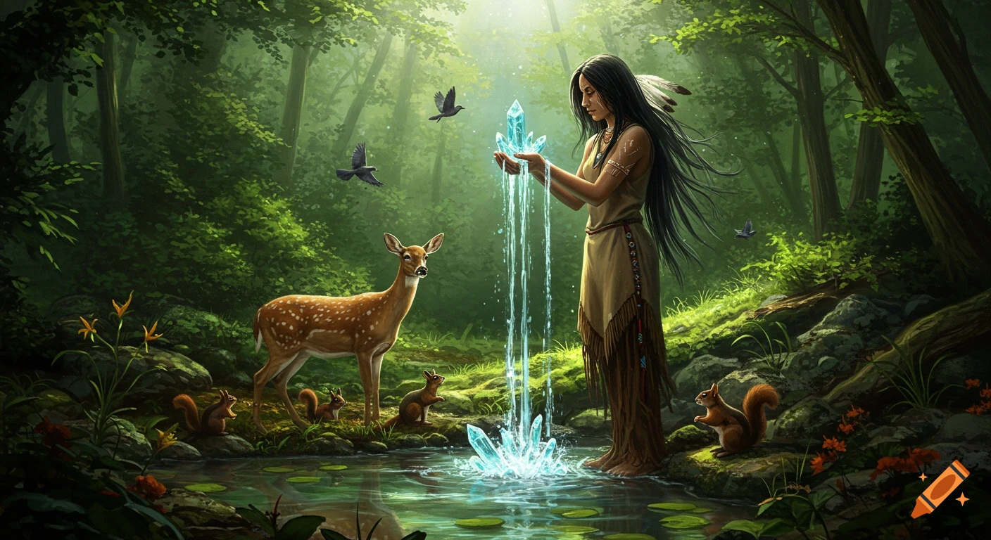 A Native woman with long dark hair holds a glowing crystal, from which water flows into a forest pond, surrounded by deer, squirrels, and birds in a sunlit forest.