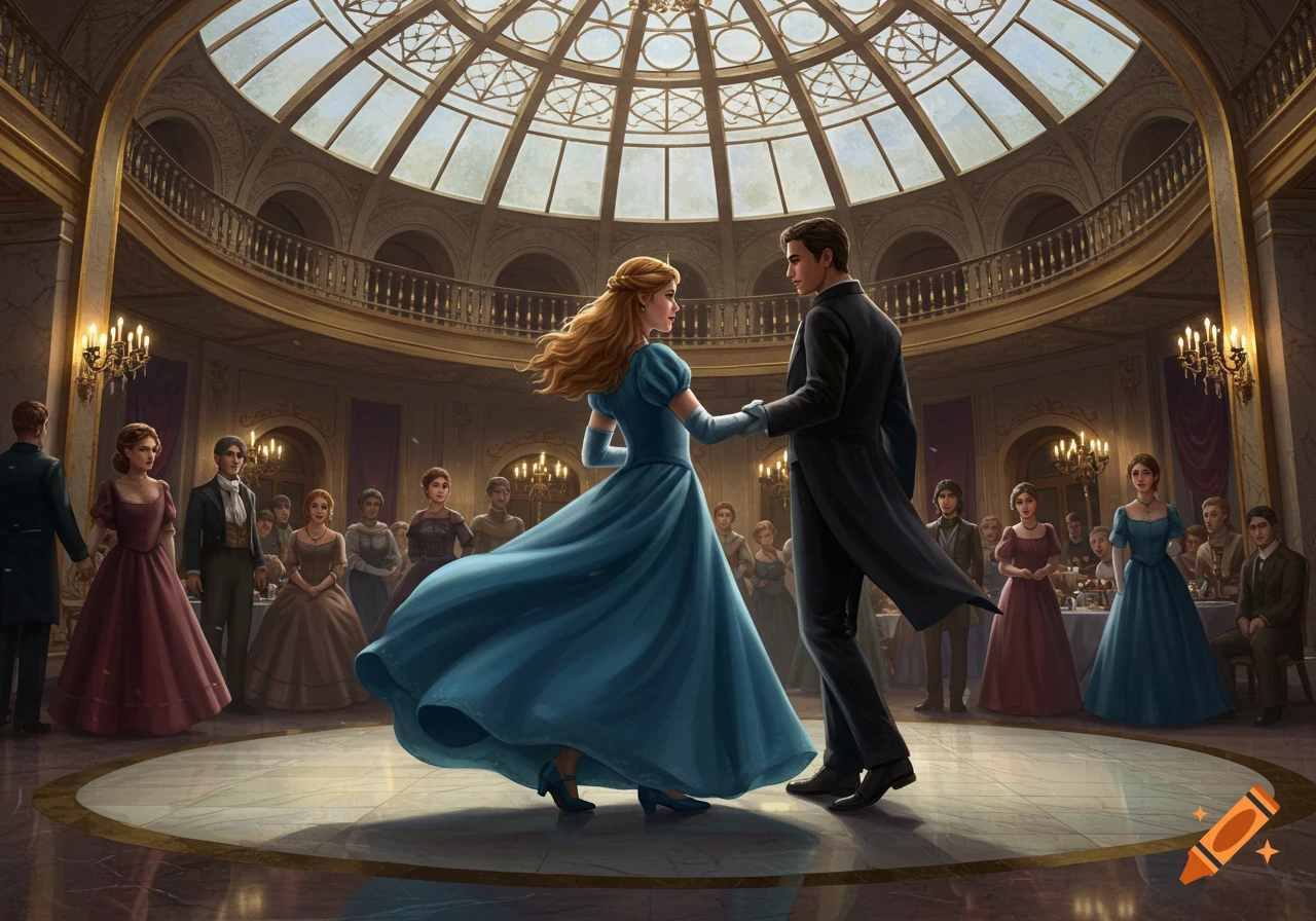 Illustrated scene of a princess in a blue gown and a man in a black suit dancing in a grand, domed ballroom.