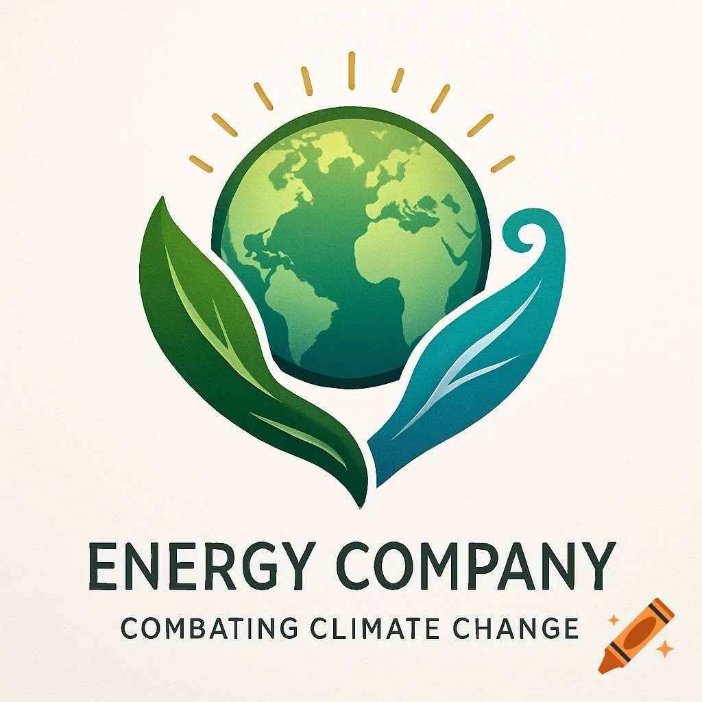 Logo for an energy company with a globe cupped by green and blue leaves, sun rays above, and text 'ENERGY COMPANY COMBATING CLIMATE CHANGE'.