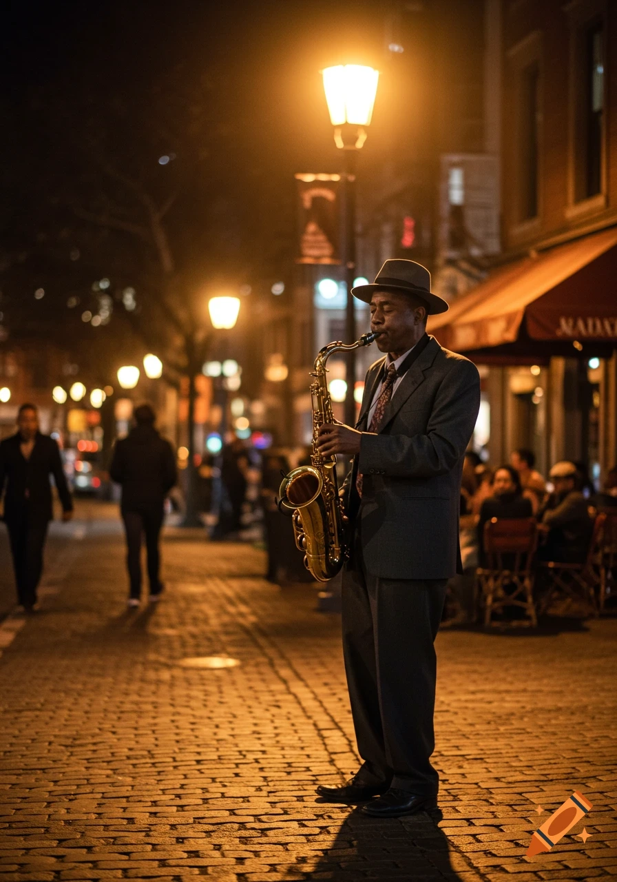 An African American man plays a saxophone on a cobblestone street at night, illuminated by warm streetlights.