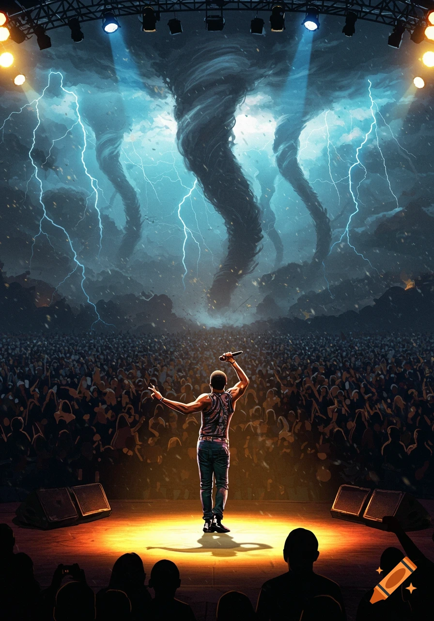 Digital art of a performer on stage in front of a huge crowd, with massive tornadoes and lightning in the sky.