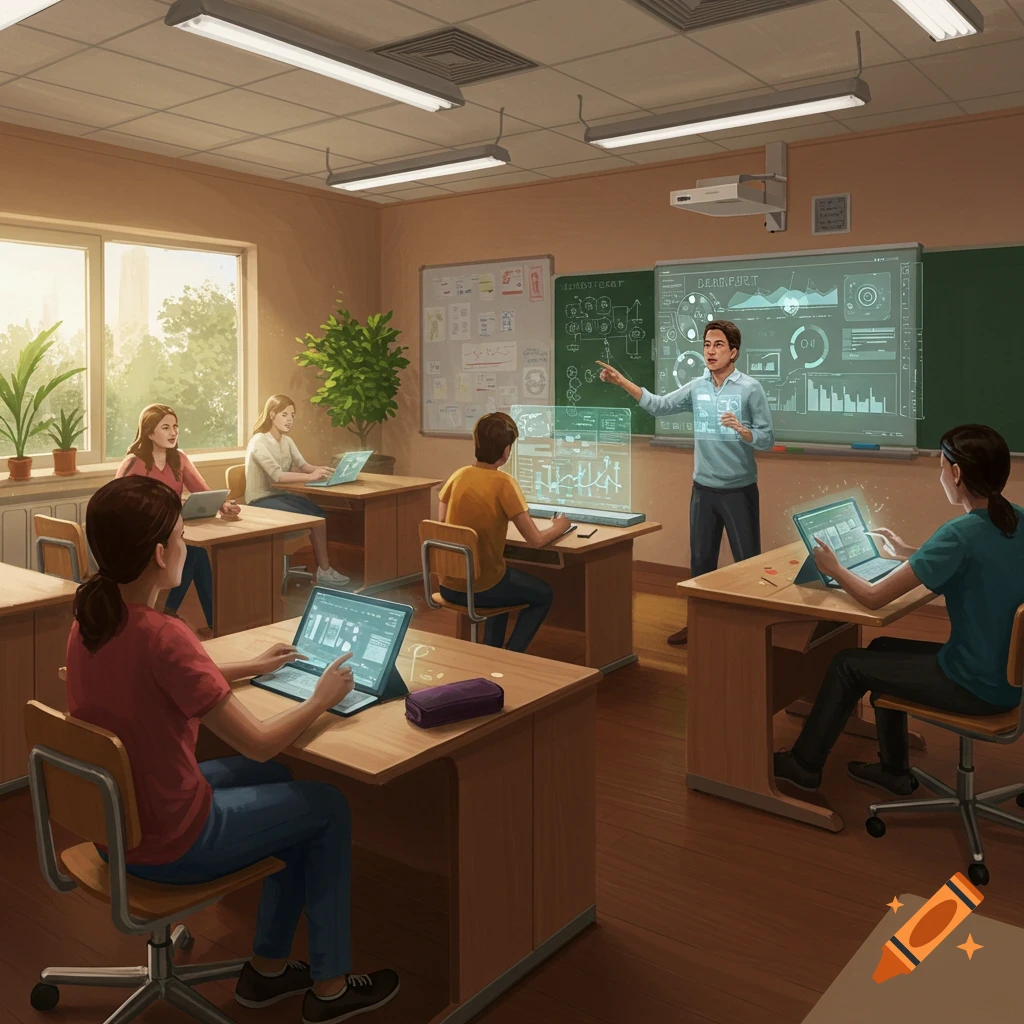 A drawing of a teacher explaining data visualizations using a holographic display to students with laptops in a modern classroom.
