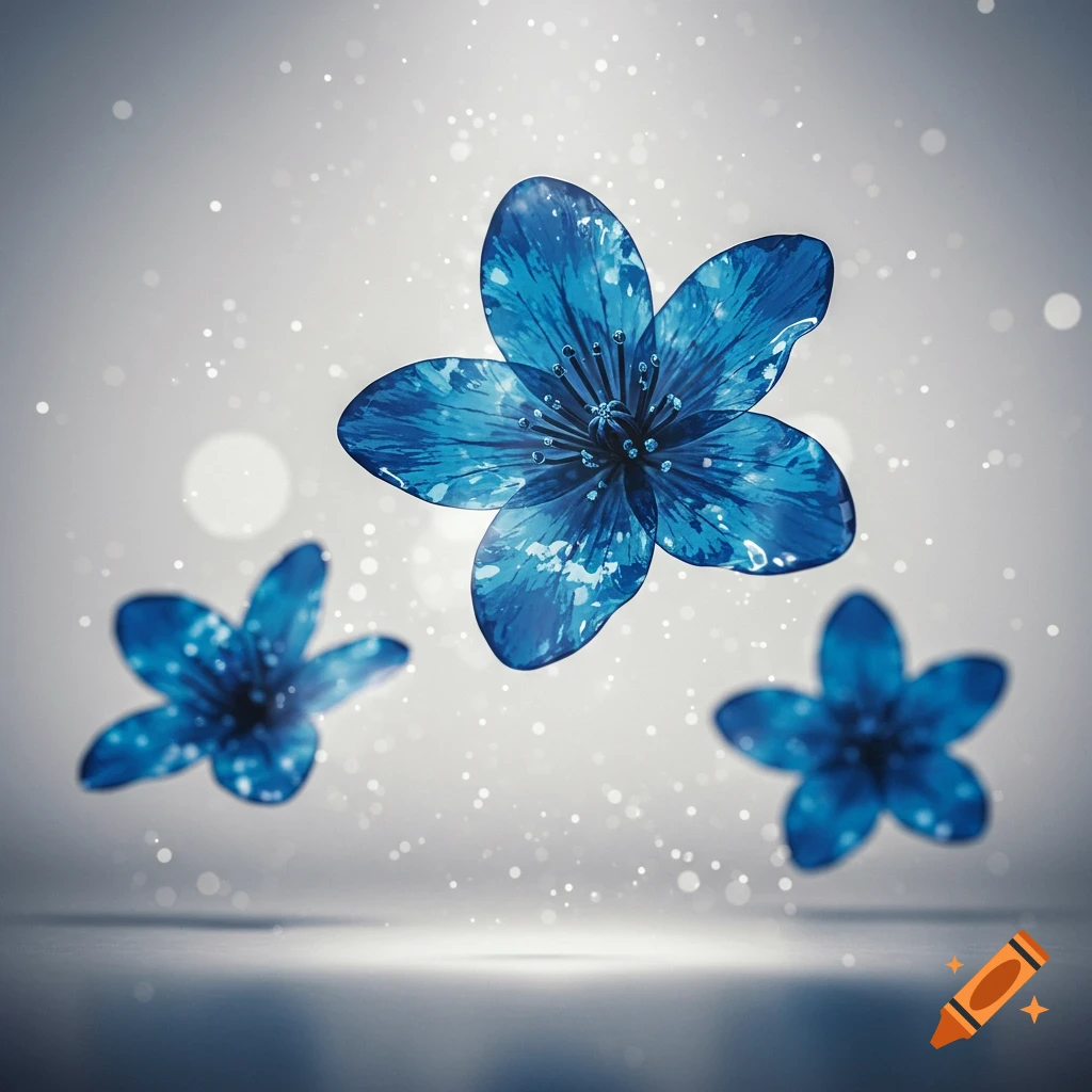 Three shiny blue glass-like flowers levitate against a soft gray background with light reflections and bokeh.