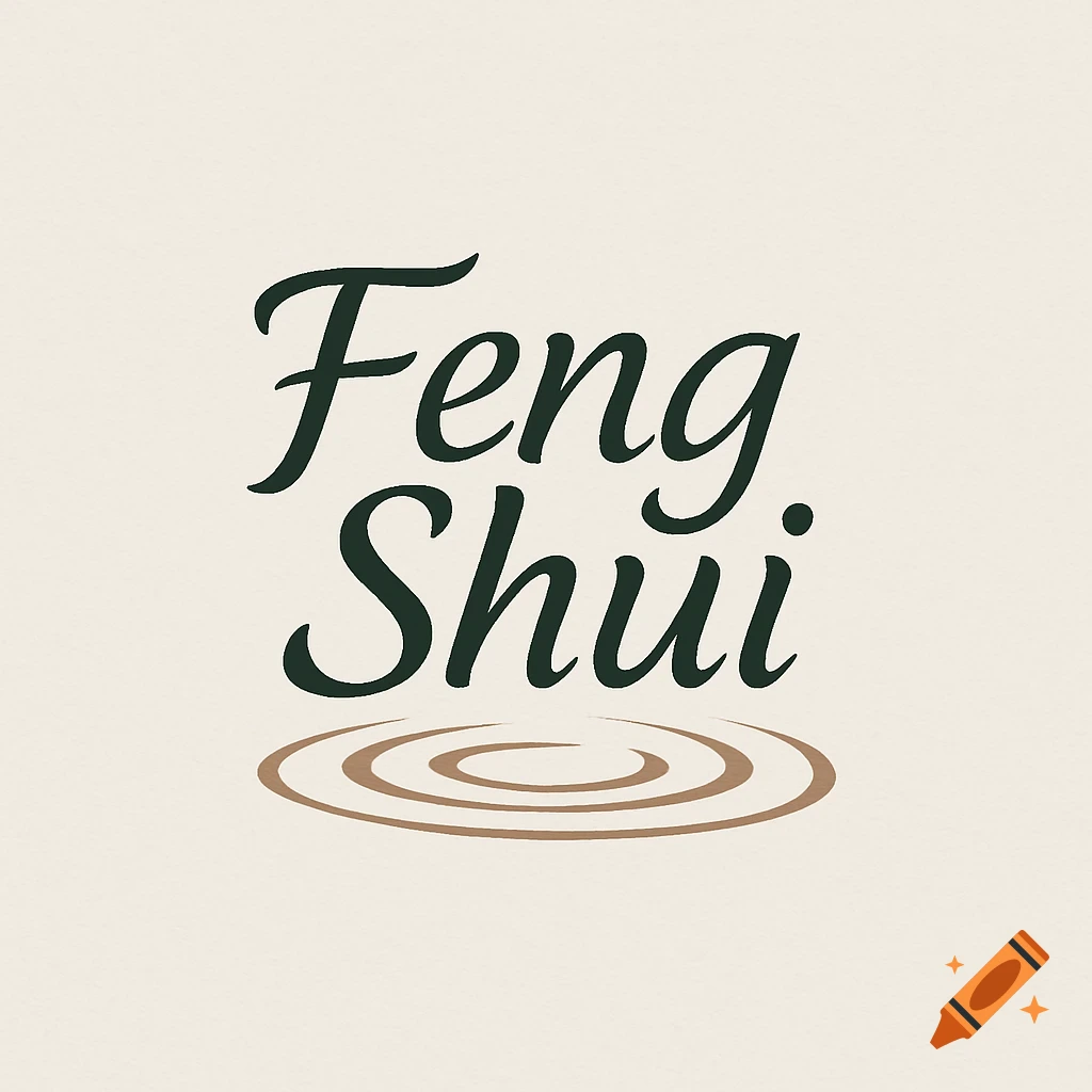 A clean logo with the words 'Feng Shui' in a dark green script font above three wavy, light brown concentric circles on a light cream background.