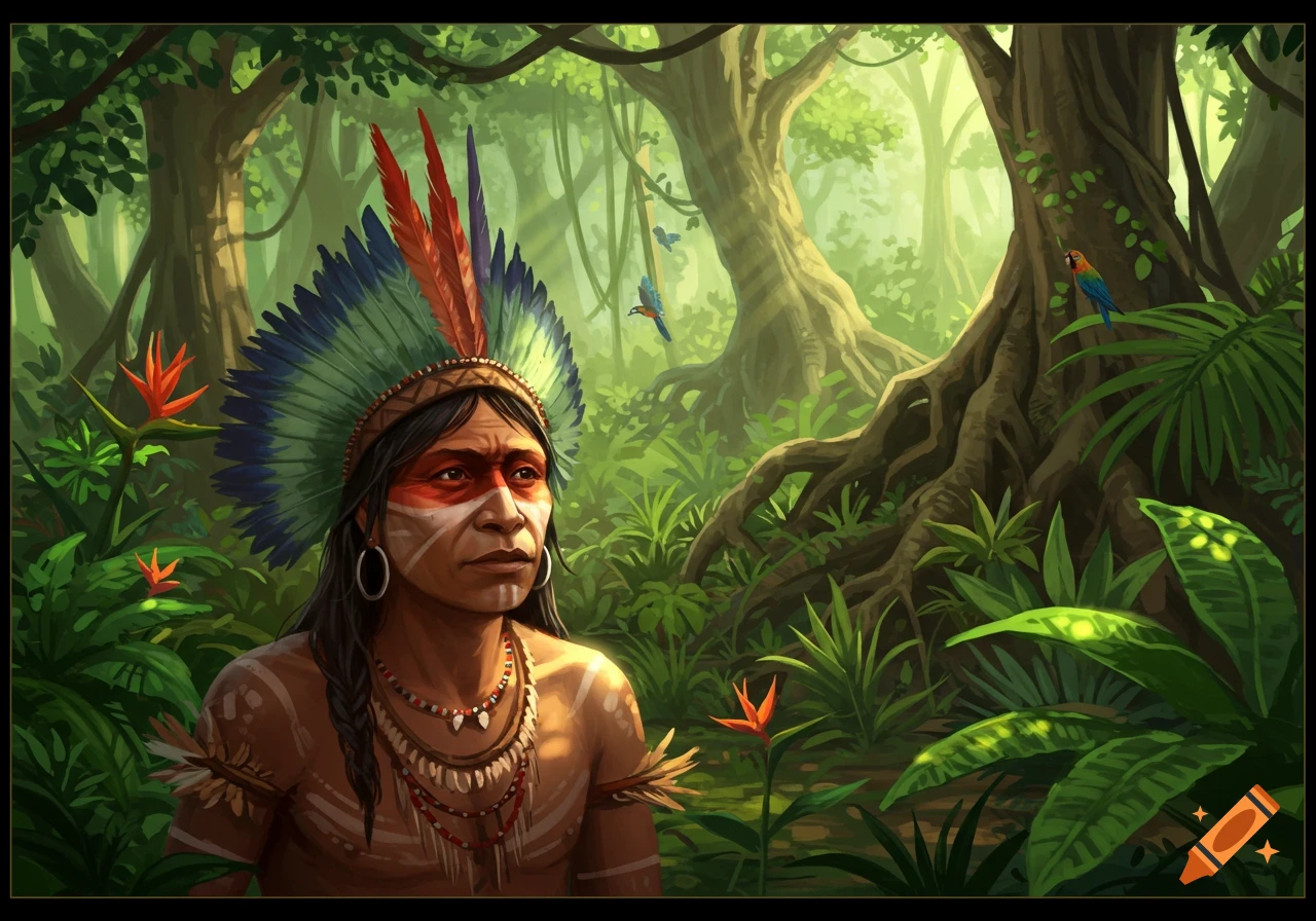 A detailed digital painting of an indigenous person wearing a feathered headdress and face paint in a lush jungle with a parrot.