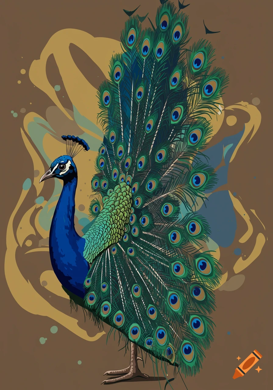 A vibrant vector illustration of a blue peacock with its tail feathers fanned out against an abstract brown background.