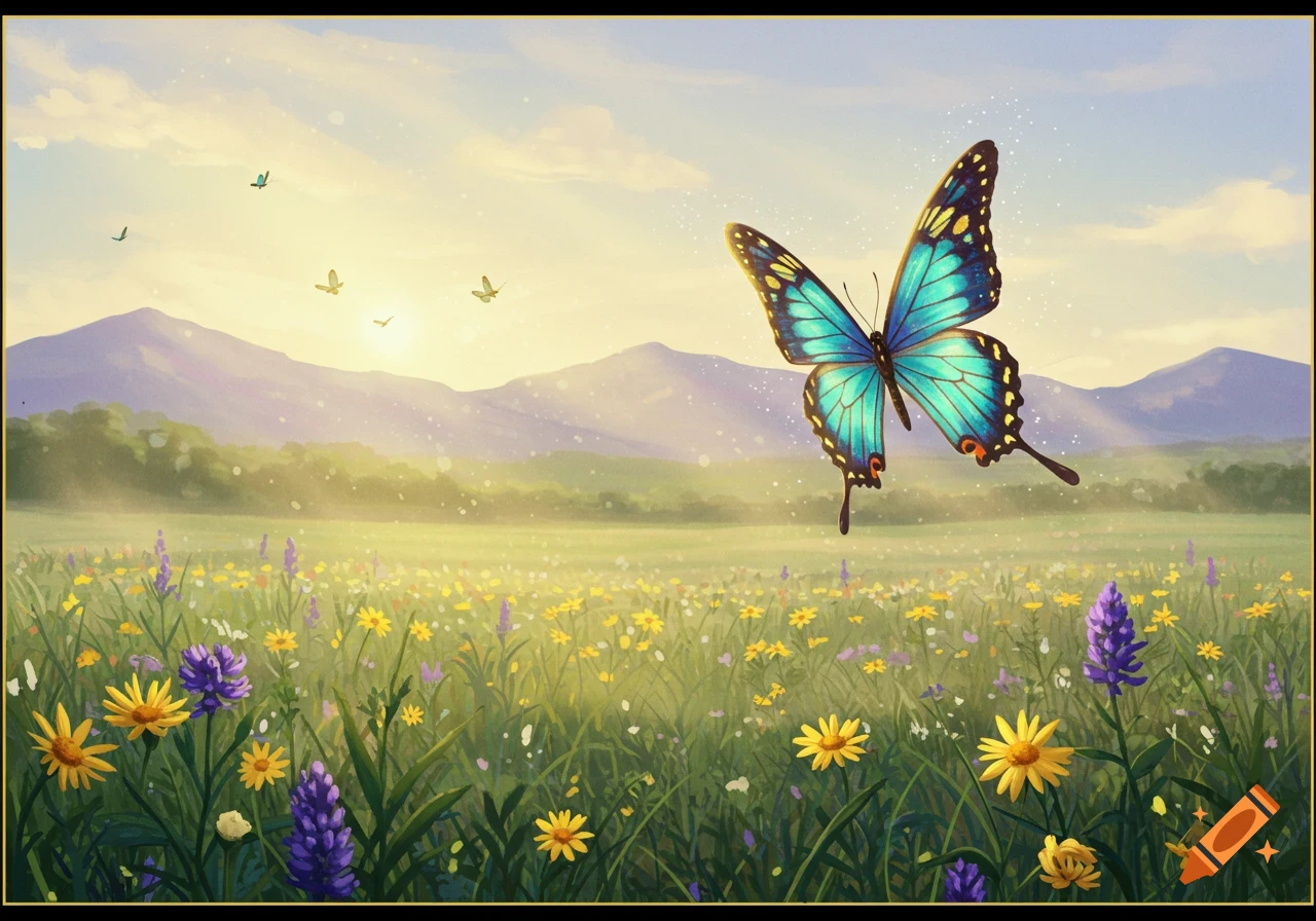 A vibrant blue butterfly with black and yellow markings flies over a sunny meadow filled with colorful yellow and purple wildflowers, with mountains in the background.