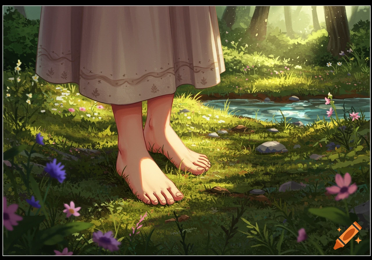 Close-up of bare feet standing in bright sunlit green grass with flowers and a small stream in a stylized forest.