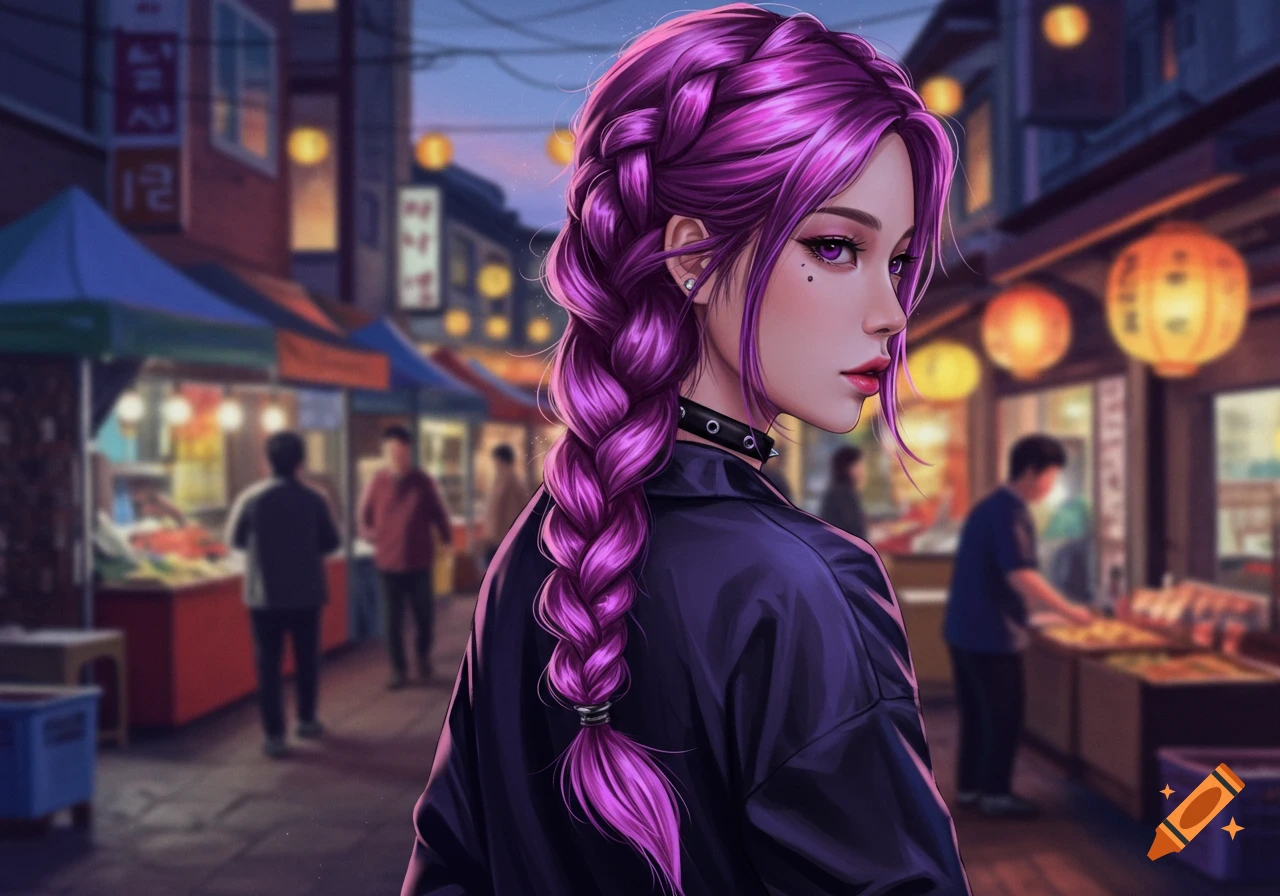 Anime-style portrait of a woman with long purple braided hair looking over her shoulder in a vibrant Korean night market.