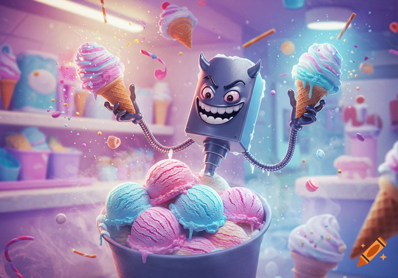 A mischievous, horned ice cream scooper character holds two ice cream cones over a tub of colorful scoops in a vibrant, whimsical setting.