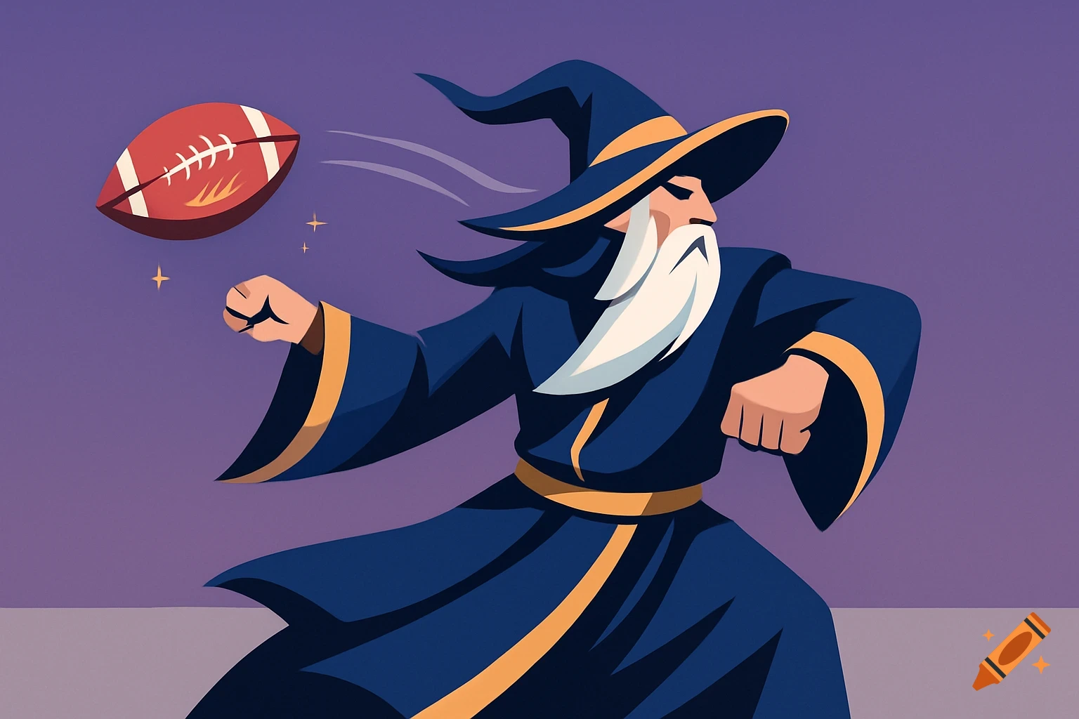A stylized digital art illustration of a wizard in a blue robe throwing an American football against a purple background.