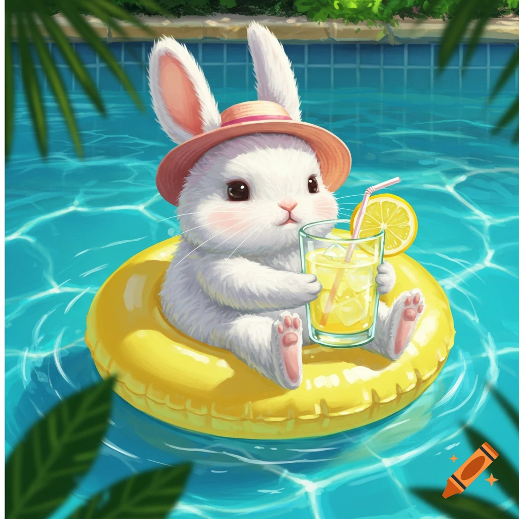 A cute bunny in a pink hat floating in a pool on a yellow ring, holding a glass of lemonade with a lemon slice and straw. Cartoon style.