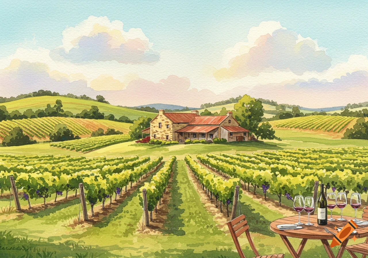 A watercolor painting of a beautiful vineyard landscape with rows of grapevines leading to a stone house under a blue sky with clouds. A table with wine glasses and a bottle sits in the foreground.